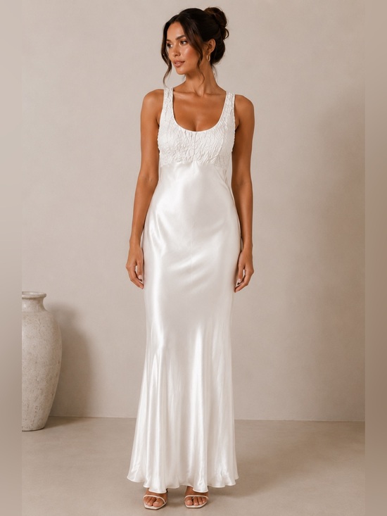 Cache Dresses & Skirts - Vintage Cache Off-White Satin Maxi Dress | Small | Crinkled Bodice | Formal